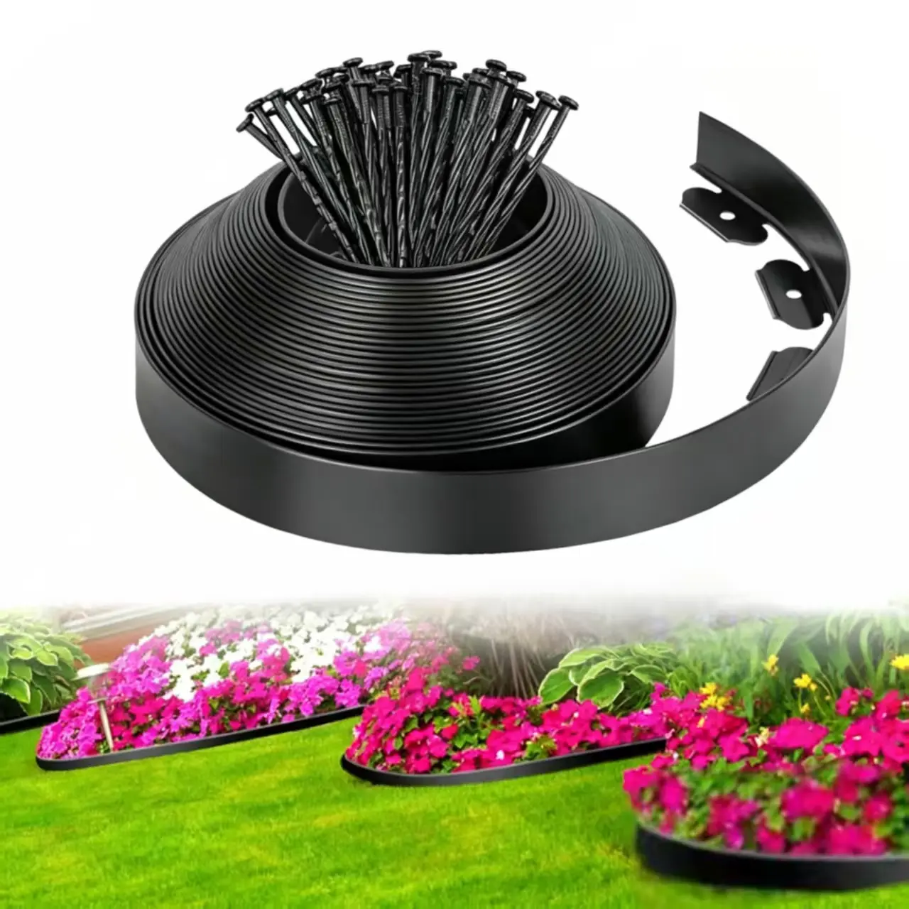 10m L-shaped plastic garden edging strip, Comes with 30 securing ground stakes, separates grass and stone, retains soil for flower beds, lawns and tree rings.