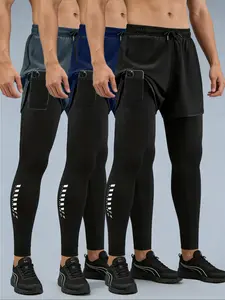 Men's High Elasticity Drawstring Pocket Gym Shorts, Athletic Shorts, 3-Piece Set, Indoor Gym Workout, Outdoor Ball Sports, 2-In-1 Design, Activewear Shorts