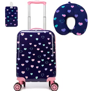 3Pcs Girls Heart Luggage Set, Kids Hardshell Carry-On Spinner Suitcase with Neck Pillow and Tag, Sweet Hearts Navy Blue Travel Gear for Teens portable