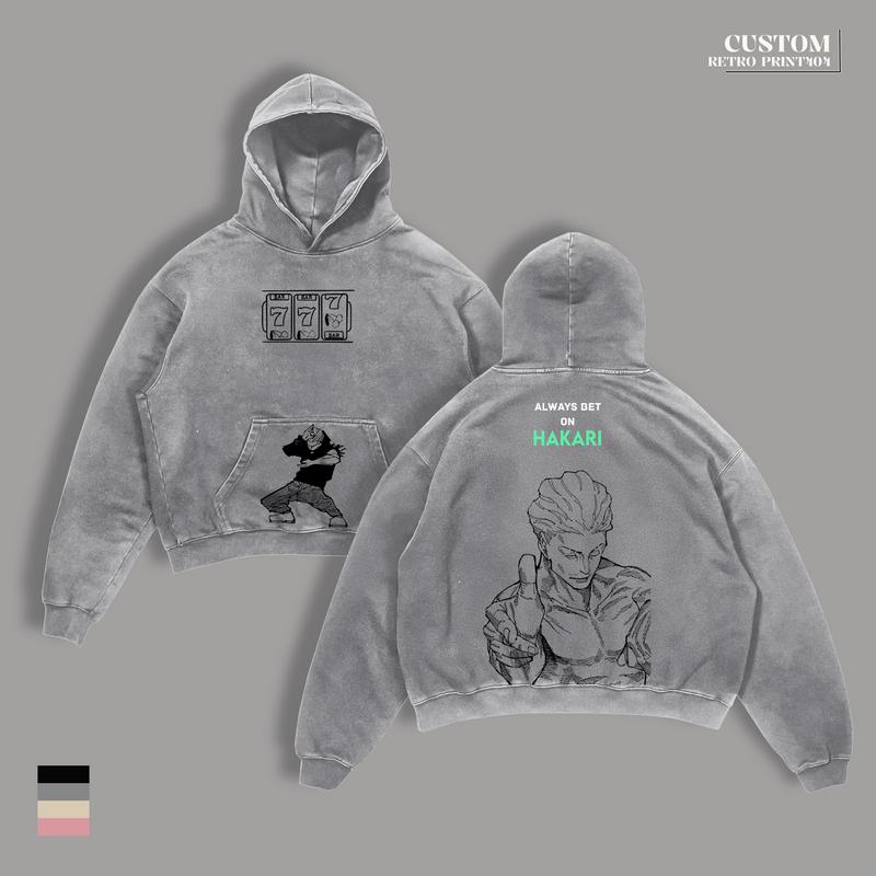 Hakari Kinji JJK Anime Double Printed Vintage Washed T-Shirt & Hoodie, Unisex Oversize Heavyweight Cotton Streetwear for Anime Fans and Lovers
