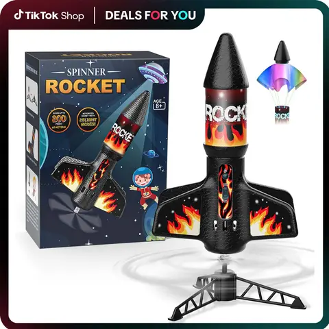 Aiencsai 2231a Unisex Plastic Motorized Rocket Toy for Boys, Ages 8-12, Self-Launching Outdoor Flying Toy with Parachute Safe Landing, 200 ft Launch, Orange Birthday Gift with Batteries