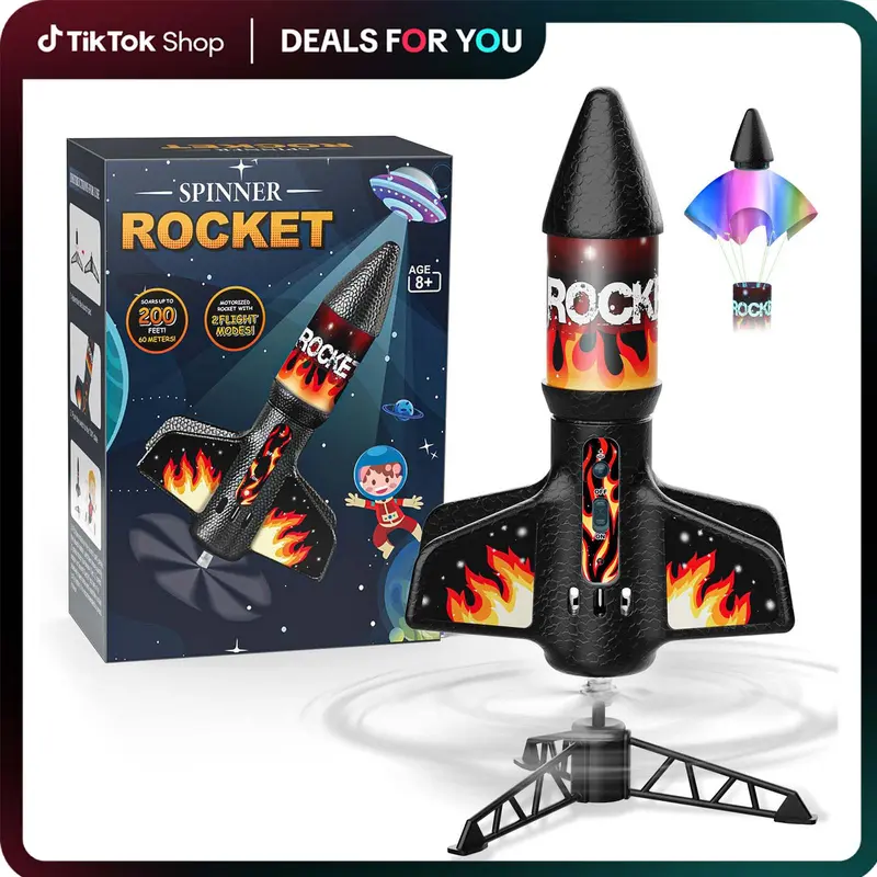 Aiencsai 2231a Unisex Plastic Motorized Rocket Toy for Boys, Ages 8-12, Self-Launching Outdoor Flying Toy with Parachute Safe Landing, 200 ft Launch, Orange Birthday Gift with Batteries