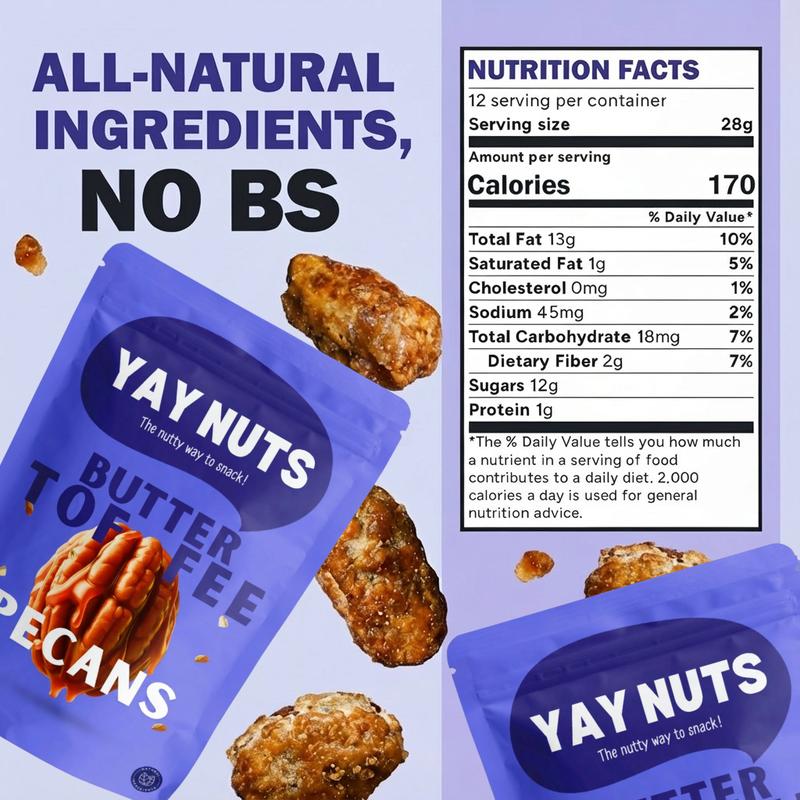 YAY NUTS Butter Toffee Pecans, Cashews, Almonds & Peanuts – Crunchy, All-Natural, No Preservatives, Made in USA – Guilt-Free Snacking with Real Ingredients - 12 oz each (340g)