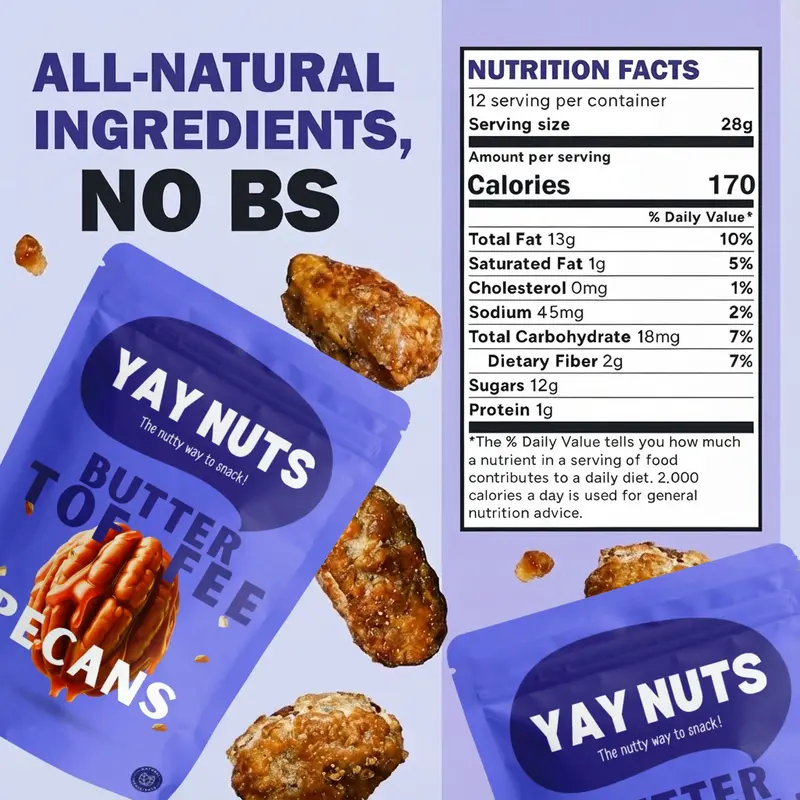 YAY NUTS Butter Toffee Pecans, Cashews, Almonds & Peanuts – Crunchy, All-Natural, No Preservatives, Made in USA – Guilt-Free Snacking with Real Ingredients - 12 oz each (340g) 3