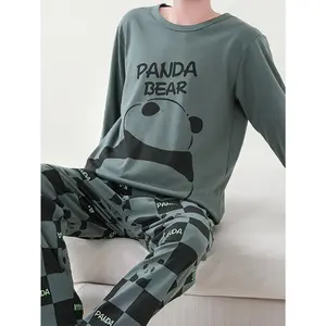 Panda Bear Graphic Men's Pajama Set - Polyester Knit Fabric Long Sleeve Crew Neck Sleepwear with Slight Stretch, Casual Style Lounge Set for Spring/Fall