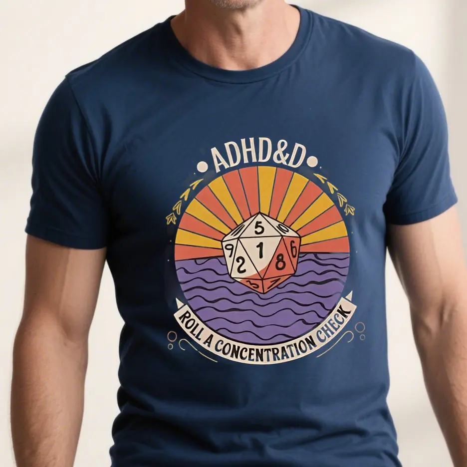 Unisex T-Shirt: ADHD&D Roll a Concentration Check, Funny Tee for DnD Gamers, Roleplayers, Geeky Gift Lovers. Softstyle Top, unisex shirt
