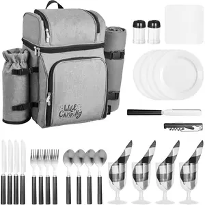 VEVOR Picnic Backpack, Beach Picnic Backpack Bag for 4 Person with Insulated Cooler Compartment, Detachable Bottle/Wine Holder, Lightweight Blanket, Plates and Cutlery Set for Hiking & Camping, Grey