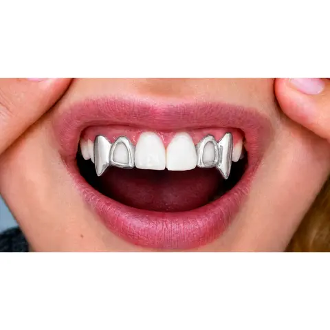 Silver Plated Open Face Upper Left & Right Double Fang Grillz 2pc Set
