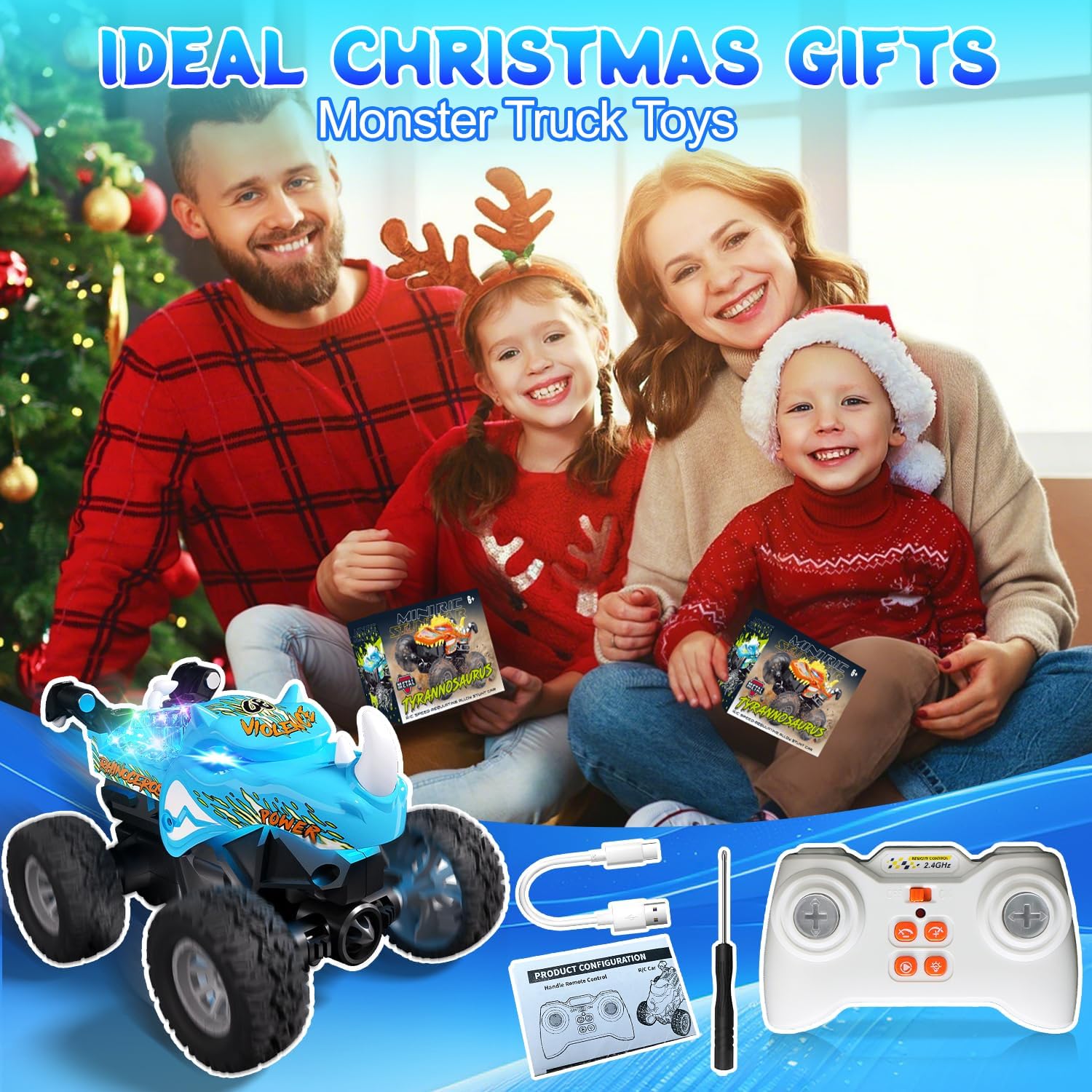 1:64 Monster Trucks Toys 2.4GHz Mini Remote Control Car for Boys 4-7 360° Spin Walk Upright Little Truck Metal Shell RGB Light Christmas Birthday Gifts