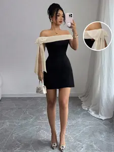 Women's Elegant Off-Shoulder Long Dress Black Split Sleeveless Mini Dress for Summer Night Out Casual Plain Fabric