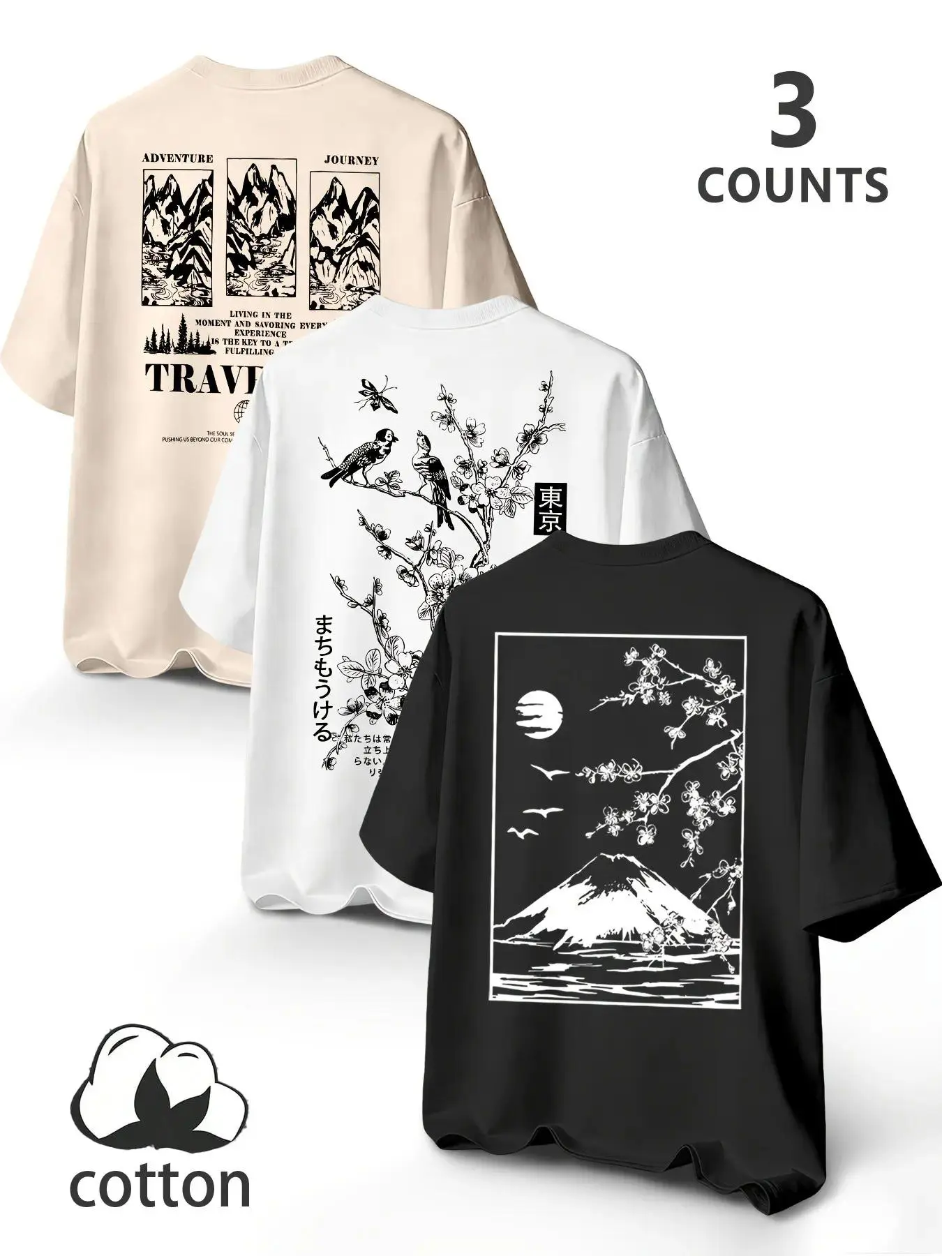 Menswear Men's 3-Pack 100% Cotton Large Loose Fit Long Sleeve T-Shirts, Fuji Mountain Cherry Blossom Print, Casual Streetwear, Comfortable Stylish