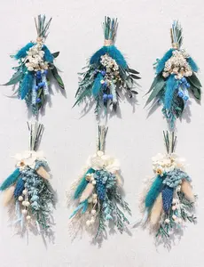 Mini Dried Flower Bouquets (Pack of 6), Blue DriedFlower Bouquets, Groomsmen and Groomsmen Boutonnieres, Dried Cake Flowers, Wall Decorations, Dried Card Flowers. (Grey Blue)