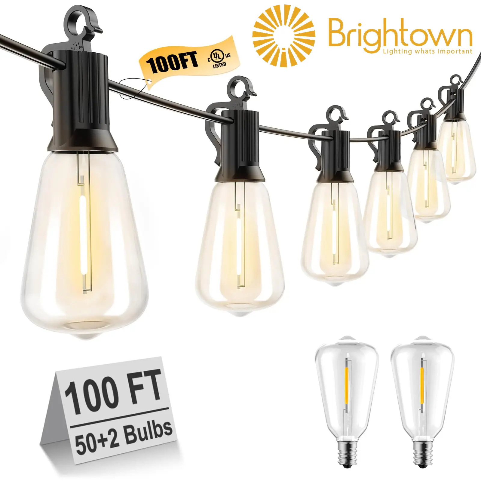 Brightown Outdoor String Lights with Shatterproof ST38 Dimmable Edison Bulbs, Waterproof, 2700K Warm Light, Perfect for Backyard, Patio, Garden, Deck,