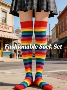 Women's Rainbow Colorful Striped Socks, High-Cut Over-Knee Long Tube Stockings, Party & Casual Wear, Vibrant Design