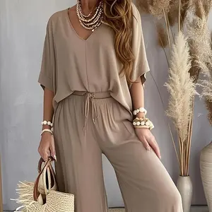 Casual Solid Color Women's Co-ord Set V-Neck Short Sleeve Top & Wide Leg Palazzo Pants Loungewear Outfit Matching Comfort Wear Breathable Comfortable