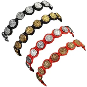 6 count Saint Benedict Medal on Adjustable Cord Wrist Bracelet Set Cross Mary Virgin Saint Jude for Women Men Evil Protection Prayer Rosary Catholic Religious