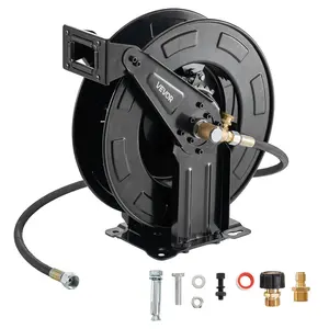 【FathersDayGift】VEVOR Pressure Washer Hose Reel, 50 ft x 3/8 inch Retractable Power Heavy-Duty Steel Washer Hose Reel, 4000PSI Max, Auto-Rewinding, Flexible Wall/Floor Mounted for Car Washing,Garden,Floor Cleaning