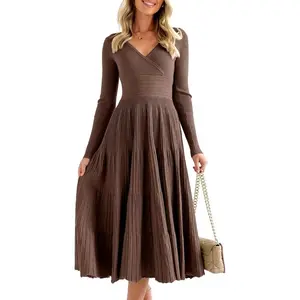 Saodimallsu Womens Long Sleeve Midi Sweater Dress Wrap V Neck Pleated A Line Fit Flare Elegant Knit Maxi Dress Casual Bride
