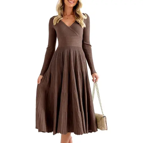 Saodimallsu Women's Cozy Knit V-Neck Deep V-Neck Long-Sleeve Ribbed Polyester A-Type Midi Dress - Fabric-Wrap, Machine-Washable Casual Party Dress