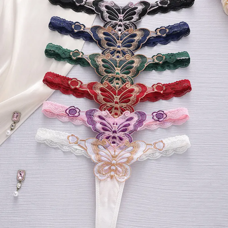Women's Thong Set, Fashionable Butterfly Design, Sexy Drop Waist Fitted Underwear, 6 Pieces Pack, Comfortable and Stylish Panties, Butterfly Print Panties