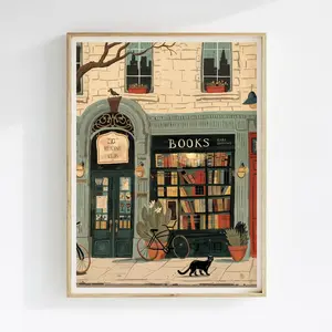 Bookstore Art , Cozy Bookshop Illustration, Library Wall Decor, Gift for Book Lover, Reading Nook Poster, Home Office Literary Art