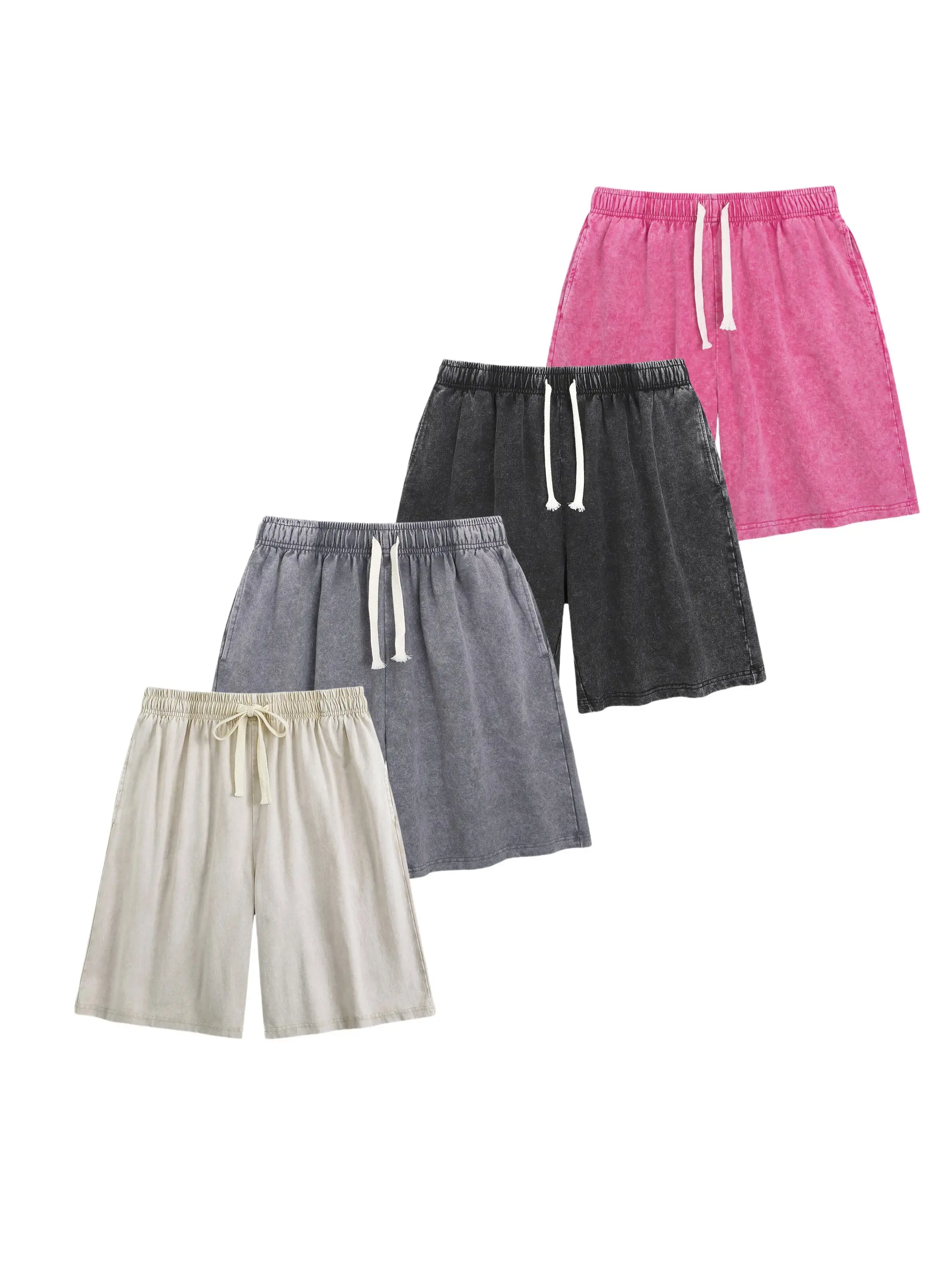 4 Pack Vintage Washed Casual Shorts, Elastic Waist Drawstring Baggy Shorts for Men Women, Loose Fit Streetwear Shorts for Summer everyday outdoor activity fathersdaygift grey cropped