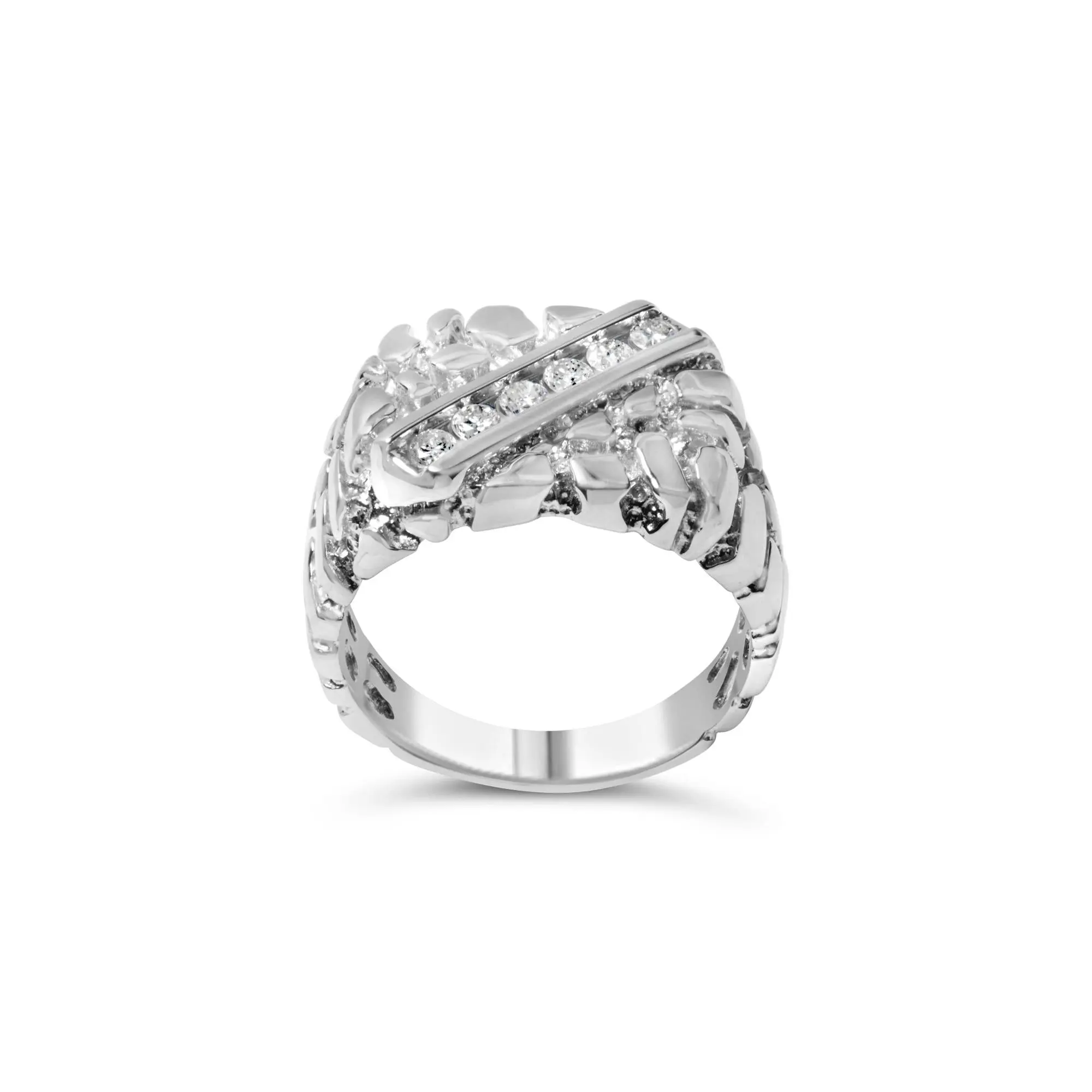 .925 Sterling Silver 1/3 Diamond 6 Stone Rectangle Nugget Gents Ring