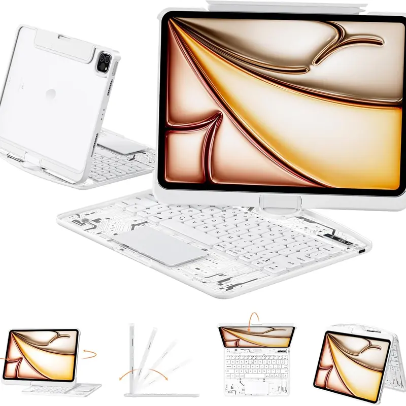 360° Full Rotation Tablet Keyboard Case with Magnetic Pencil Holder, Bluetooth Wireless Rechargeable Lightweight Portable Keyboard, USB ABS Accessories for 8.3/10.2/10.9/11/12.9/13-in Tablets (iPad 7-11th Gen A16, Air 2022-2026, Pro 2018-2025, Mini), 10.2
