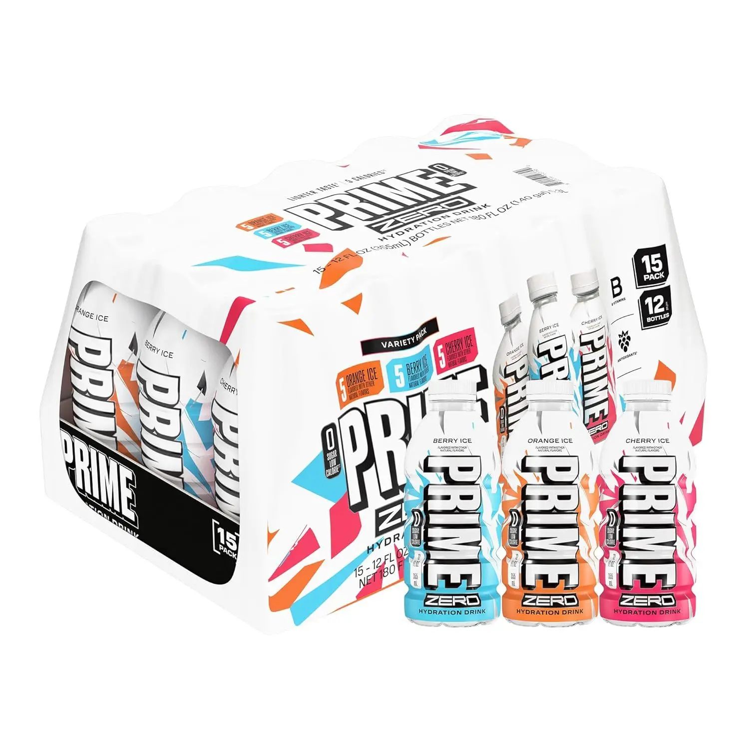 PRIME ZERO Variety Berry Ice, Cherry Ice, & Orange Ice Sugar Free Sports Drinks, Electrolyte Enhanced to Replenish Fluids, B Vitamins, Antioxidants, Low Calorie, Natural Flavors, 12 Fl Oz, 15 Pack