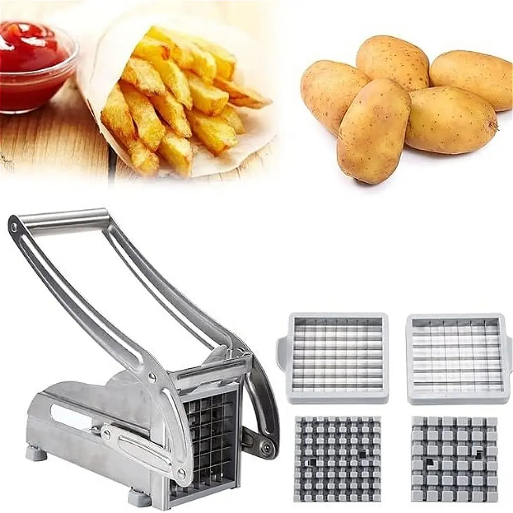 Sturdy Stainless Steel French Fry Slicer, Manual Potato Chopper with 2 Interchangeable Grid Blades and a Non-Slip Base for Outdoor Camping, Utensils, Apples, Home Cooking, Kitchen, Salad Prep