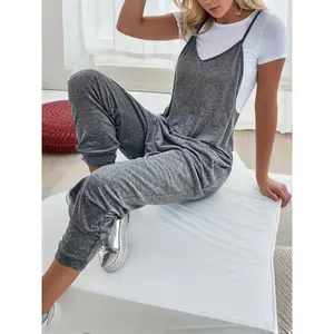 Women'sPlainPocketVNeckOverallsJumpsuitwithoutTee,CasualSleevelessSpaghettiStrapCamiOverallsJumpsuitforDailyWear,LadiesClothesforAllSeasons