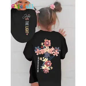 Front and Back Double Print WML Girls "Jesus Is the Light" Letter and Floral Print Creative Versatile Crew Neck T-Shirt Girls Clothes