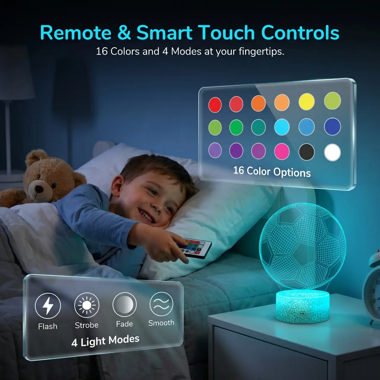 Qawtor 3D Illusion LED Soccer Ball Night Light - Automatic 16 Color Changing, 4 Lighting Modes, 1-24H Timer, USB Powered for Girls' Bedroom, Playroom, Nursery, Gaming Rooms Decor & Soccer Gifts