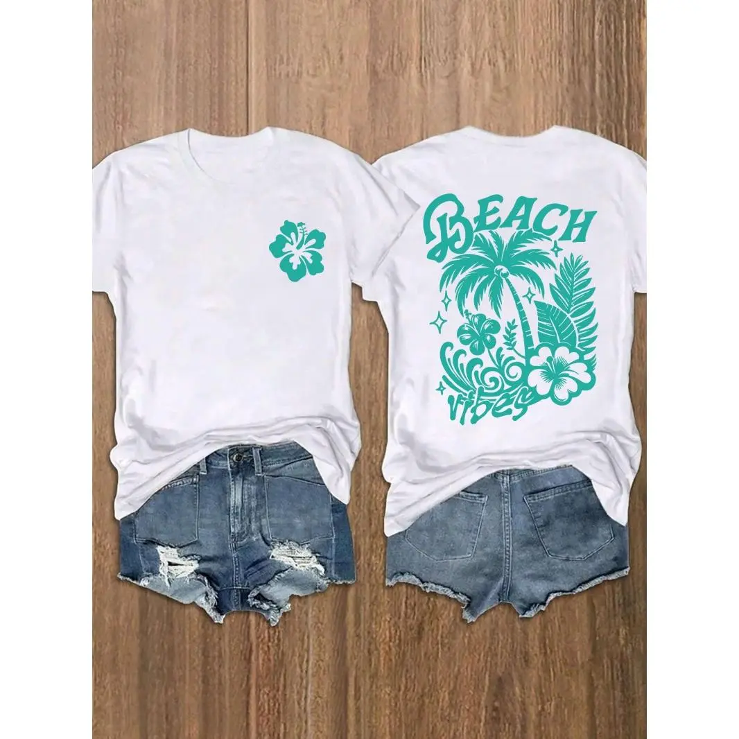 Beach Vibes Palm Tree Hibiscus Print Womens Oversized T Shirt Summer Casual Short Sleeve Top Soft Comfortable Beach Vacation Daily Wear Y2K Trendy Aesthetic Clothes