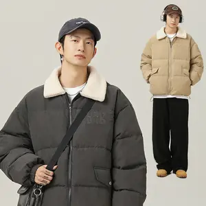 winter style imitation lambskin lapel thick jacket, adjustable hem cotton jacket Solid Fleece Windbreaker Clothing Fabric Menswear Cardigan Coats Khaki Loose Pocket Polyester Collar Fur Outdoor Straight Tops Sports Beige Collared Long Sleeve