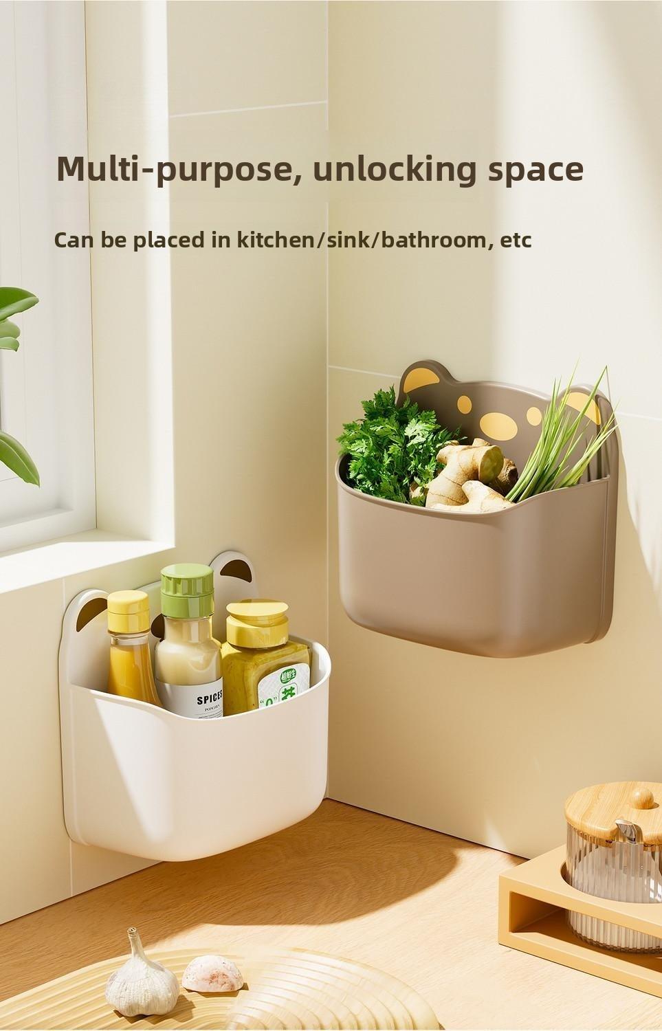 Cartoon wall storage box, ginger, garlic storage wall hanging storage box, storage basket, multi-functional kitchen wall storage rack, no-drilling adhesive hooks