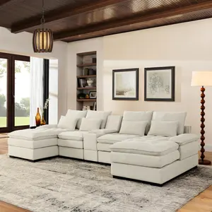 [Mother's Day Gift]Aobtkel.130" U-shaped Sofa with Console,Cupholders,And Usb,6-seat Upholstered primary living space Furniture,Sleeper Couch Set with Chaise for Living Room,Apartment, (BEIGE)#Summervibes