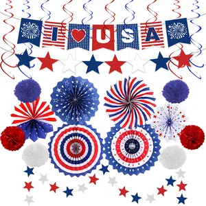 Rich Independence Day Party Decorations, Patriotic American Flag Wreath, Star Triangle Banner, Blue Bunting, Parade BBQ Decoration