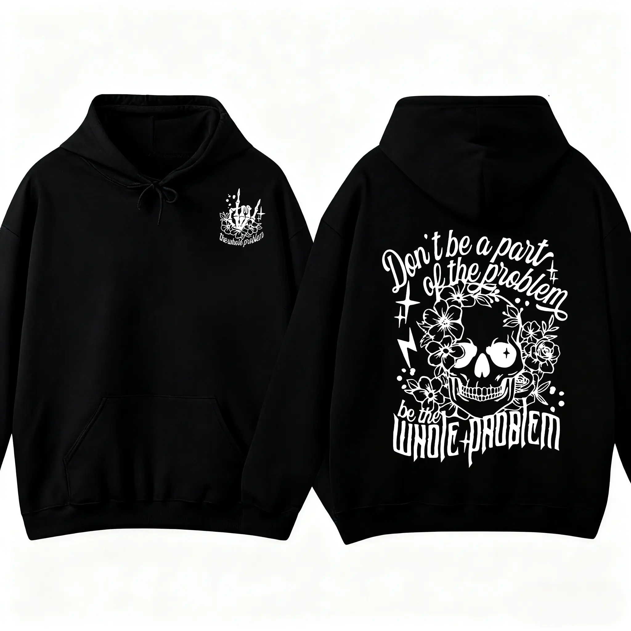 Women's Comfortable Oversized Black Long-Sleeves Hoodie - Gothic Grunge Pullover Top with Skull Floral Graphic, Edgy Layering, Dark Aesthetic, Everyday Style