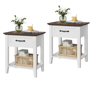 Garvee - Side table with drawer, nightstand with 2-tier storage shelves, changing table side table, nightstand for living room, bedroom, bedroom, white, 2 units