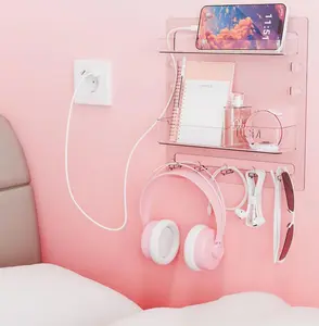 Bedside Shelf for Dorm Bed,Rv,Small Room and Nightstand,Wall Mounted Floating Shelves and Bedside Wall Organizer for Remote,Phone Holder,Charging Shelf,Cute Bedroom Decor for College Girl