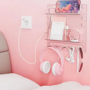 Bedside Shelf for Dorm Bed,Rv,Small Room and Nightstand,Wall Mounted Floating Shelves and Bedside Wall Organizer for Remote,Phone Holder,Charging Shelf,Cute Bedroom Decor for College Girl