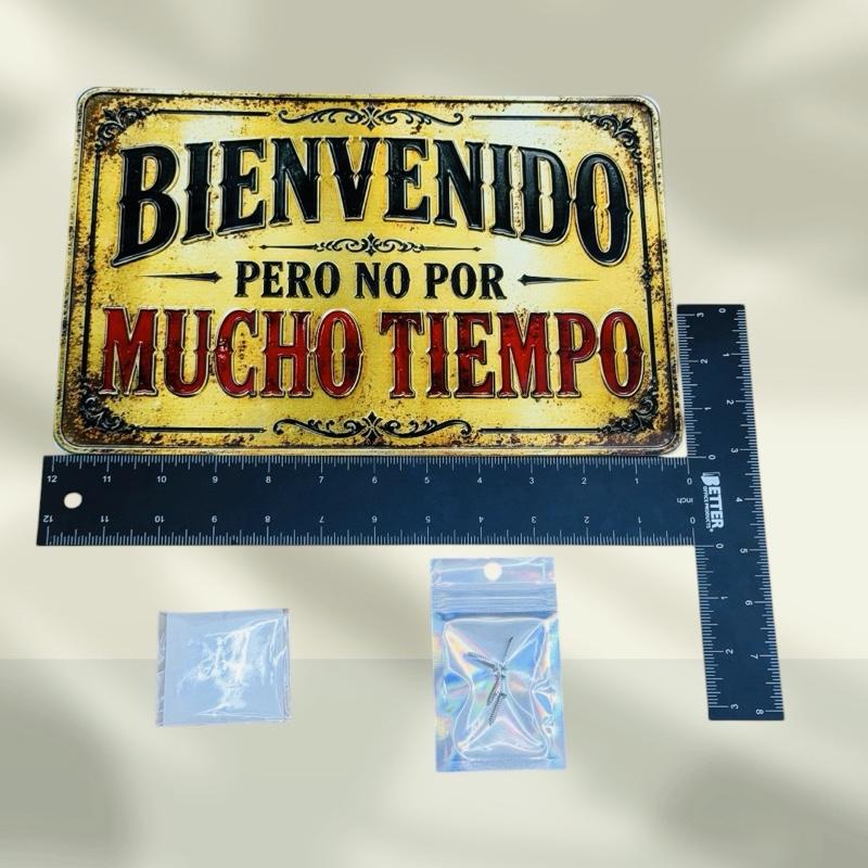 Placa 12x8  decorativa de metal “Bienvenido… pero no por mucho tiempo” estilo vintage oxidado | Cartel divertido para puerta o entrada del hogar
