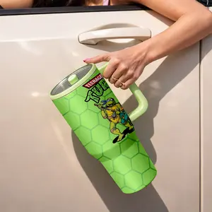 1 Pc 40oz insulated mug, Insulated coffee tumbler, vacuum cup, double wall, leak proof, with handle and lid, skinny design, for hot cold drinks, keep hot 12h cold 24h, Teenage Mutant Ninja Turtles print, fun gift for kids teens, daily use tumbler