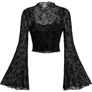 Women's Y2K Long Sleeve Tops Goth Mesh Mock Neck Bell Sleeve Crop Tops