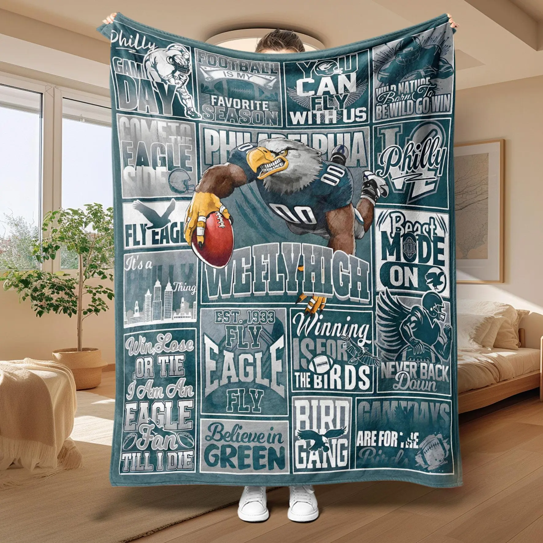 Philadelphia Eagles Theme Flannel Blanket, Large Size, Soft and Lightweight, Perfect for All Seasons, Ideal for Bed, Sofa, Office, Camping, Travel