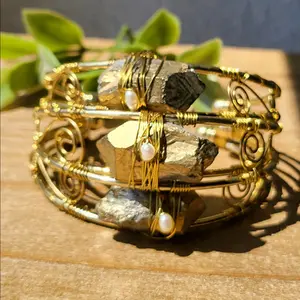 Goddess Bangles • Aura Quartz Crystal Bracelet • Biwa Pearl • Wire Wrapped Cuff Bangle
