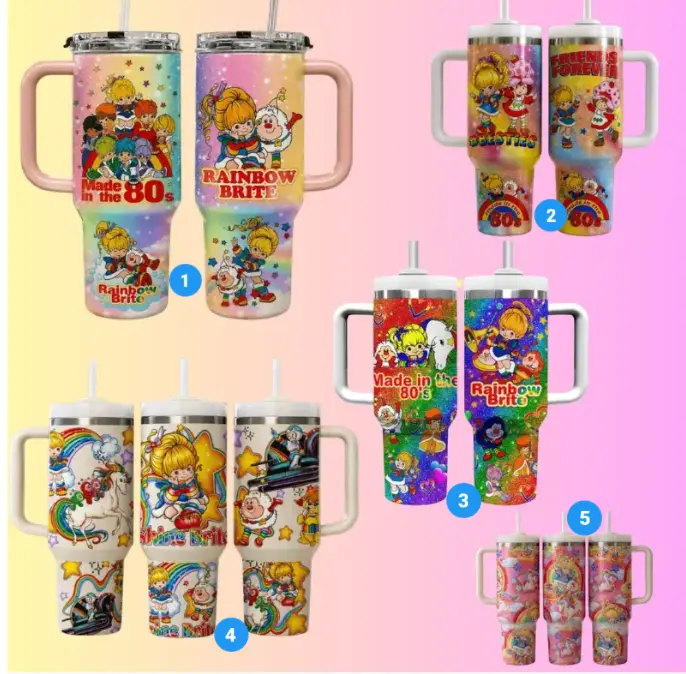 [80s Cartoon Collection] Strawberry Shortcake & Rainbow Brite 40oz/20oz Tumbler with Handle & Straw, Stainless Steel Double Wall Vacuum Insulated Travel Mug, Retro Cartoon Edition, Keeps Drinks Hot & Cold, Fits Car Cup Holder, Gift for 80s Cartoon Fans