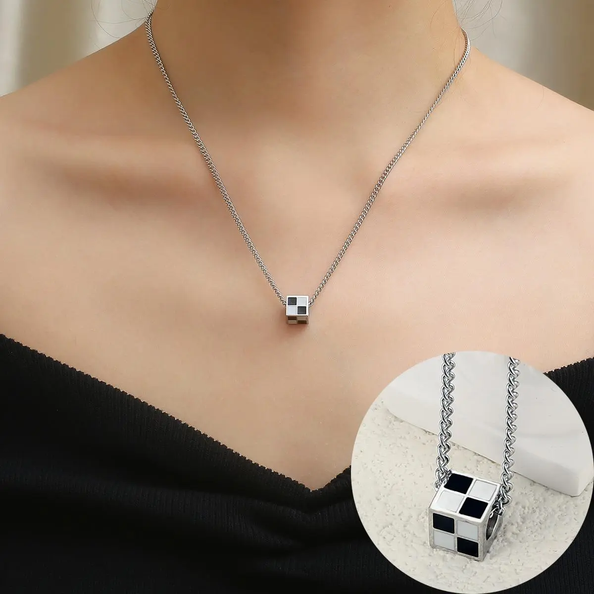 Women's Fashionable Jewelry Black and White Checkered Cube Pendant Necklace - Minimalist Chain, Unique, Eye-Catching, Versatile Necklaces for Women for Daily Wear, Dating,summerwins