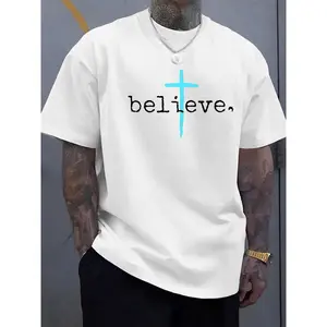 "Believe" Cross Graphic T-Shirt for Men - Christian Faith Lettering Tee, Soft Ribbed Collar Round Neck, Slight Stretch Fabric, All-Season Comfortable Casual Top for Daily Wear, Machine Washable